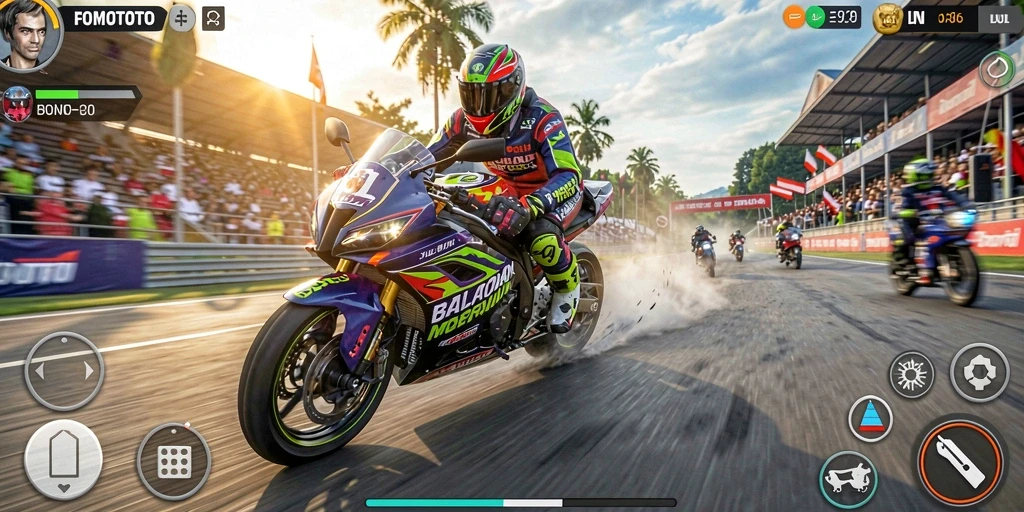 Tampilan gameplay FOMOTOTO yang menarik dan mendebarkan dalam balapan motor.