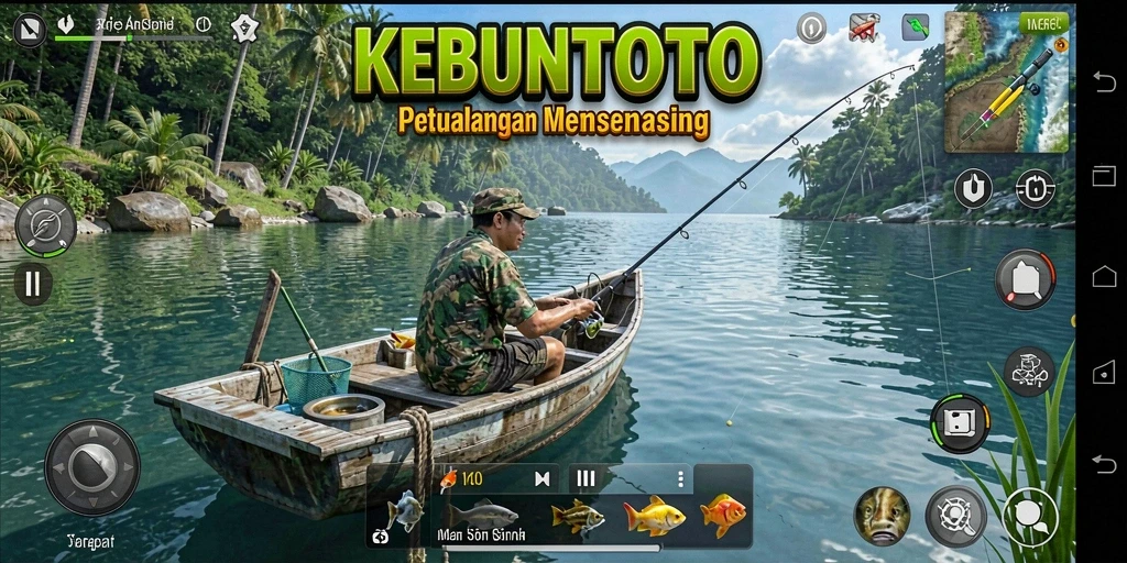 Screenshot gameplay KEBUNTOTO menampilkan momen seru saat memancing.