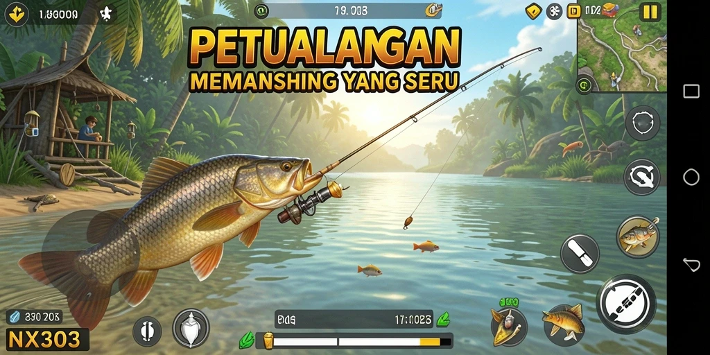 Screenshot NX303 menampilkan pemain yang sedang memancing di lokasi indah.