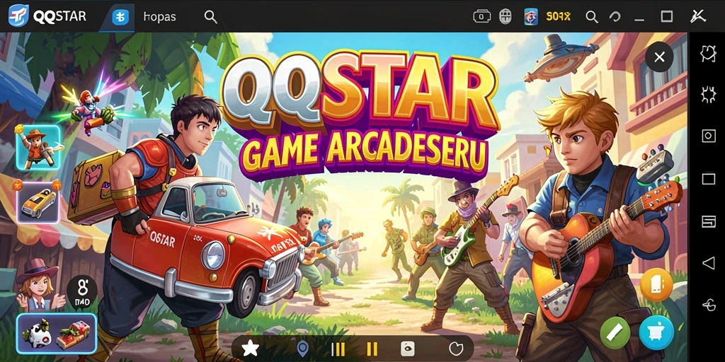 Screenshot utama QQSTAR menampilkan gameplay menarik di level yang berwarna-warni.