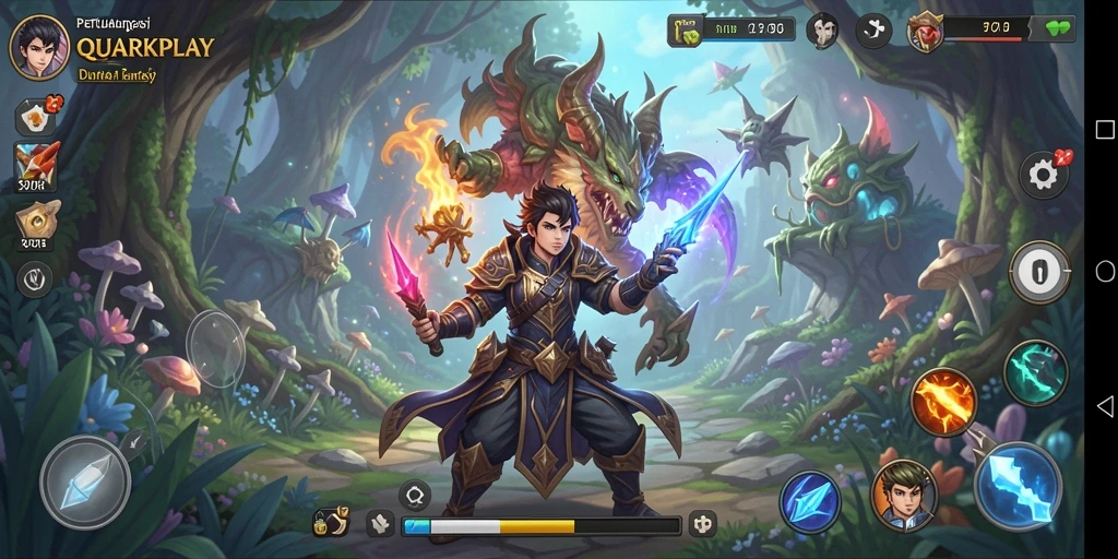 Tangkapan layar menunjukkan pertarungan seru dan indahnya dunia QUARKPLAY.
