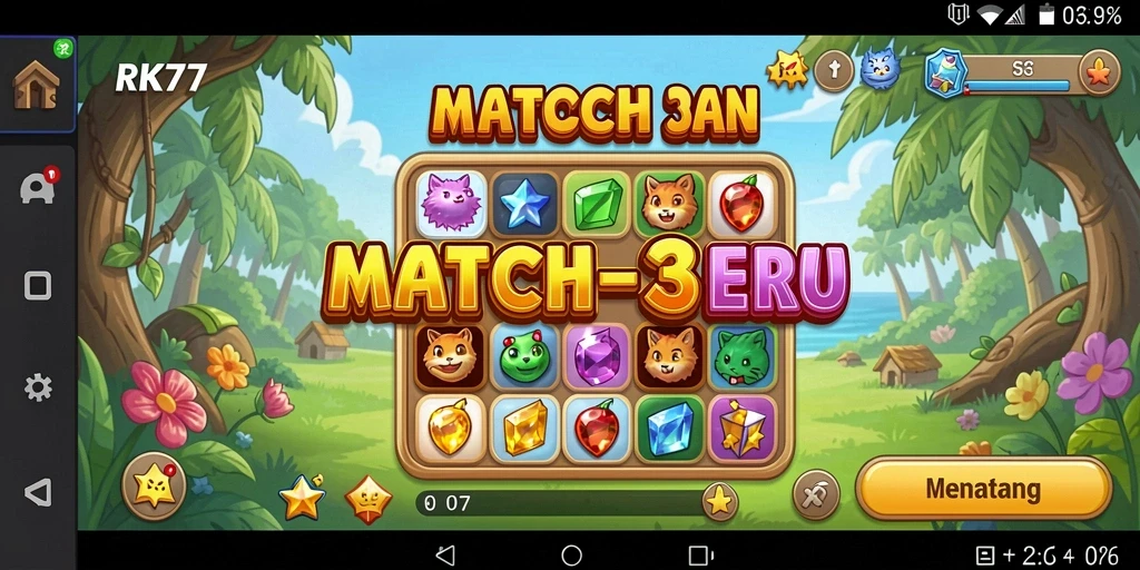 Screenshot RK77 menampilkan gameplay Match-3 yang seru dan penuh warna.