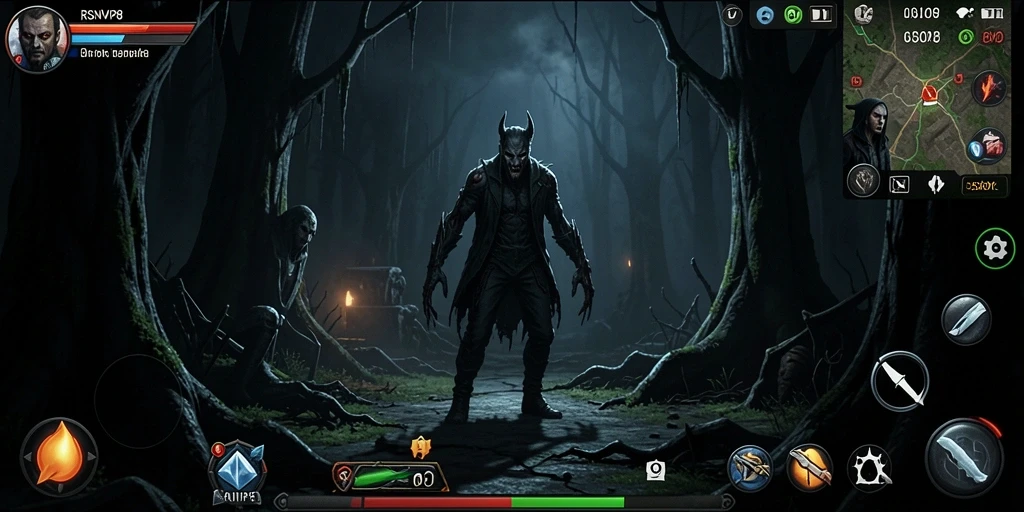 Screenshot gameplay RSNVIP8 menunjukkan suasana menegangkan saat menghadapi makhluk horror.