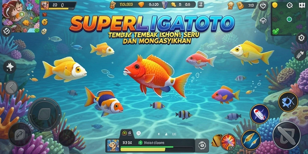 Gameplay SUPERLIGATOTO dengan berbagai ikan yang menarik dan senjata canggih.