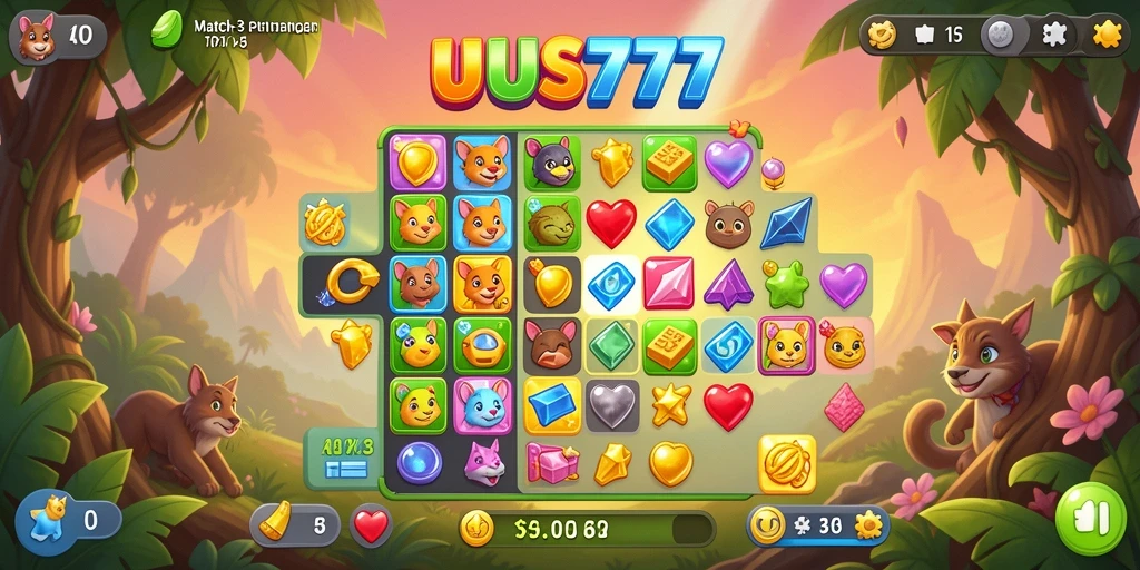 Screenshot utama UUS777 menampilkan gameplay seru permainan Match-3.